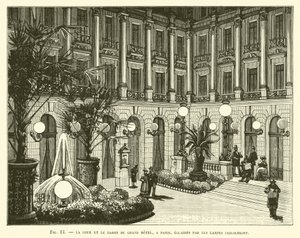 Il cortile e la fontana del Grand Hotel, a Parigi, illuminati dalle lampade Jablochkoff da French School